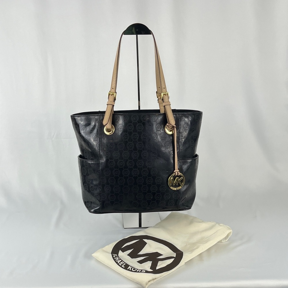Michael Kors Jet Set Tote Black Patent Leather MK Logo Large Dust Bag Included